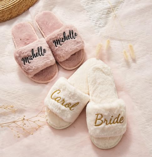 Personalized Bride Fluffy Slippers, Custom Bridesmaid Shoes for Wedding Day, Bachelorette Party Bridal Shower Gift for Bride, Hen Fluffy Slide On Girls Night Sleepover, I Do Mrs Last Name3