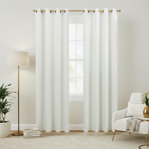 Image of 100% Blackout Linen Textured Curtains for Bedroom Full Light Blocking Room Darkening Bronze Grommet Window Drapes Thermal Insulated Energy Efficient Home Decor 52x72 Ivory (2 Panels)