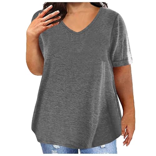 Dyhxuan Camiseta para mujer, tallas grandes, monocolor, camiseta de verano, manga corta, versátil, cuello en V, camiseta holgada, de algodón, informal, elástica, cómoda, túnica, gris, XXL