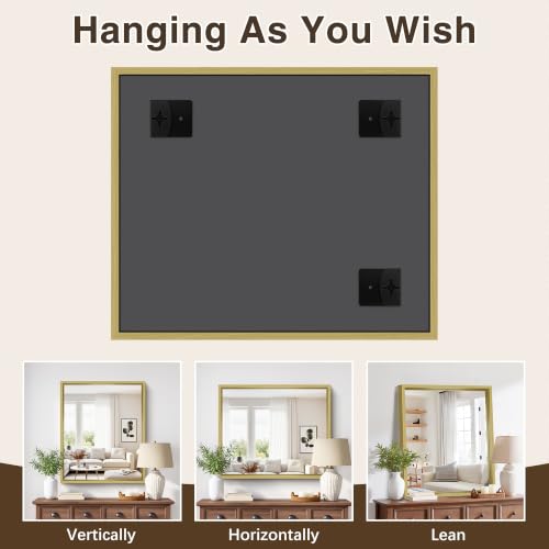 Image of Bathroom Mirror, 30 x 36 inch Natural Wood Grain Colored Aluminum Metal Frame Bathroom Vanity Mirror, Rectangle Wall Mirror for Bedroom Living Room, Tempered Glass, Horizontal or Vertical