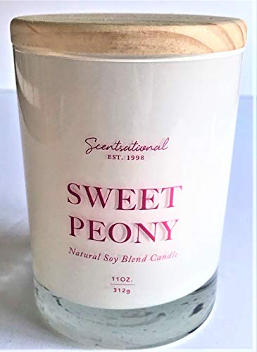 Natural Soy Wax Blend Scented Candle Sweet Peony Glossy White Jar With Wooden Lid, 11 Oz. #TOP12