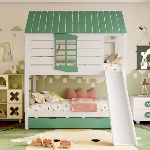 ZKLOEP Litera 90 x 200 cm con tobogán y cama nido, color blanco y verde