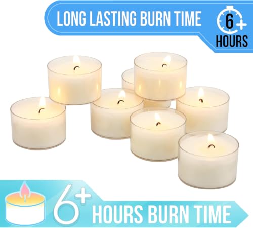 Image of Stonebriar Tea Light Candles - 6 to 7 Hour Burn Time, Unscented Long-Lasting Clear Cup Candles for Home Decor & Special Occasions, Pack of 24, White