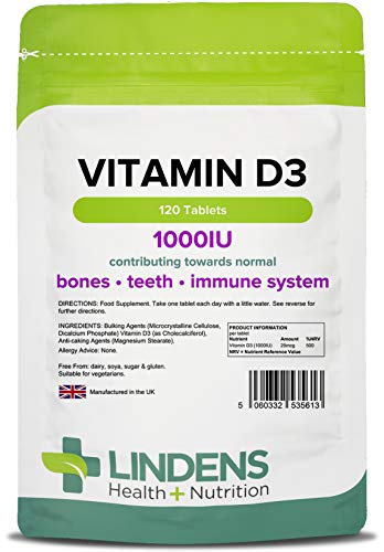 Lindens Vitamin D3 1000IU Tablets | 120 Pack | Potent 500% NRV dose contributes to Healthy Bones, Teeth, Muscle & Immune Function