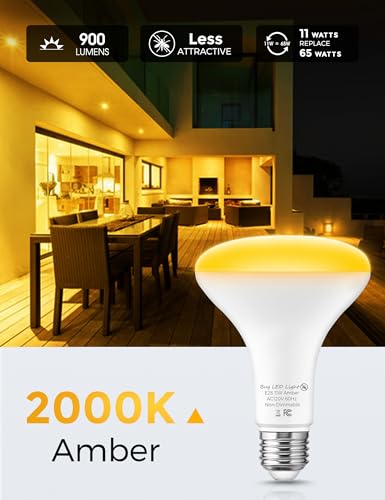 Image of L LOHAS LED Yellow Bug Light Bulbs Outdoor, Non-Attracting, E26 Base, BR30 | 65W Equivalent BR30 Bug Flood Lights Bulbs for Outside, 11W Amber Porch Lights, Non-Dimmable, for Patio Deck Backyard, 3 Pack