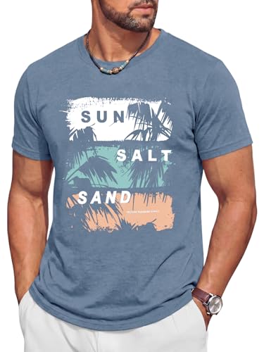 Runcati Mens Short Sleeve Crewneck Graphic Printed Casual T-Shirts Blue
