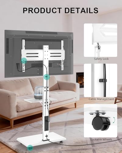 Image of WALI Rolling TV Stand with Power Outlet & AV Shelf, Mobile Tall TV Stand Mount on Wheels for 34-75 inch TV up to 110 lbs, Swivel Height Adjustable TV Cart with Wood Base for Bedroom(TVDVD-6PRW), White