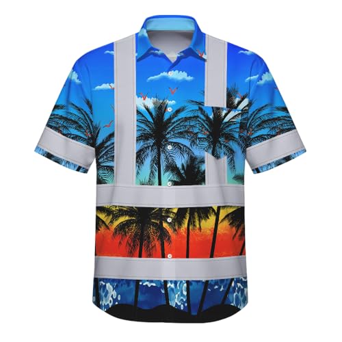 Aloha Hivis Color Flower Hawaiian Shirt for Men and Women Custom Name High Visibility Safety Shirt Tropical Beach Reflective Construction Clothes Workwear for Worker, Trucker, Operator 28-L