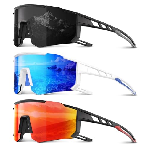 3 Pack Polarized Sports Sunglasses Men Women, Running Mens Sunglasses UV Protection for Baseball Cycling Fishing A02-ice Blue/Grey/Red