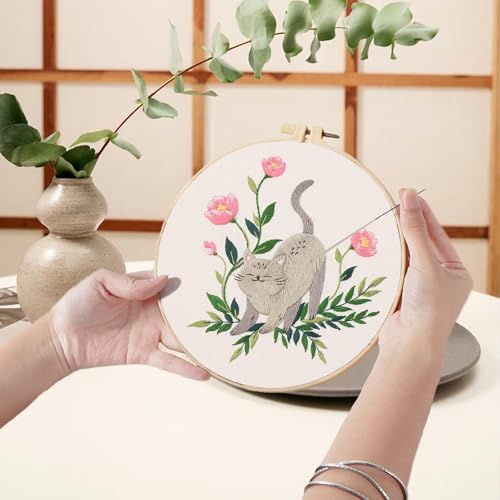 Image of Ohcol 3 Sets Cat Embroidery Kit,Needlepoint Kits for Adults Beginner,Needle Point Sets with Washable Pre-Printed Pattern,1 Hoop,Women Hand Crafts