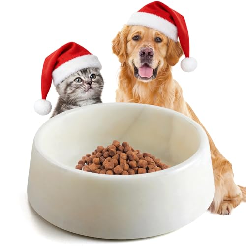 SAMAH White Marble Dog Bowl, Non-Slip Dog Food Water Bowl, Large Weighted Stone Dish, Natural Marble Heavy Pet Bowl, Easy to Clean, Gifts for Dog Lovers, Perfect Cat Dog Gifts, Holds 6 Cups(6 lbs)