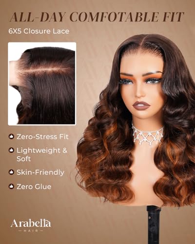 Image of Arabella 6x5 Red-Brown Gradient Bleached Glueless Human Hair Wig Pre Plucked Pre Cut 210% Density Knots Loose Body Wave 12A Pre Plucked Natural Hairline Upgraded Drawstring for Daily /Party 20 Inch