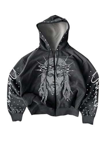 SOLY HUX Men's Y2k Zip Up Hoodie Rhinestone Sparkly Graphic Hooded Sweatshirt Jacket Grunge Streetwear