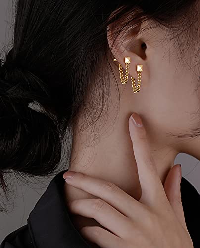 Minimalist Tiny Square Earrings with Chain Dangle Earrings 925 Sterling Silver Stud Earrings (Gold)
