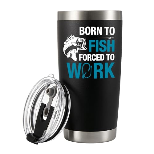 Panvola Born To Fish Forced To Work Fishing Fisherman Fishing Gifts To Husband Dad Grandpa Boyfriend Vacuum Insulated Stainless Steel Tumbler with Removable Lid and Straw 20 oz Black