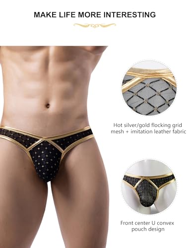 comeondear Mens Sexy Thong Underwear Sheer Bulge Pouch Briefs Underpants Low Rise Bikini Gold Foil Stamped Swimwear4