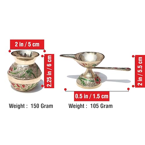 Image of Pure Source India Flower Embossed Colourful Meenakari Decorated Premium Brass Pooja Thali Set with Red Velvet Box, Festival Religious Return Gift Item