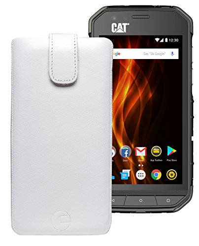 Favory ECHT Ledertasche Leder Etui / Caterpillar CAT S31 Tasche (Lasche mit Rückzugfunktion) weiss