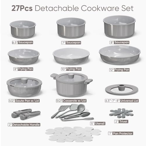 Image of CAROTE 27pcs Ceramic Cookware Set Nonstick, Pots and Pans Set Non Stick, Non Toxic Cookware Detachable Handles, Dishwasher /Oven Safe, RV /Camping Cookware with Kitchen Utensils, Gray