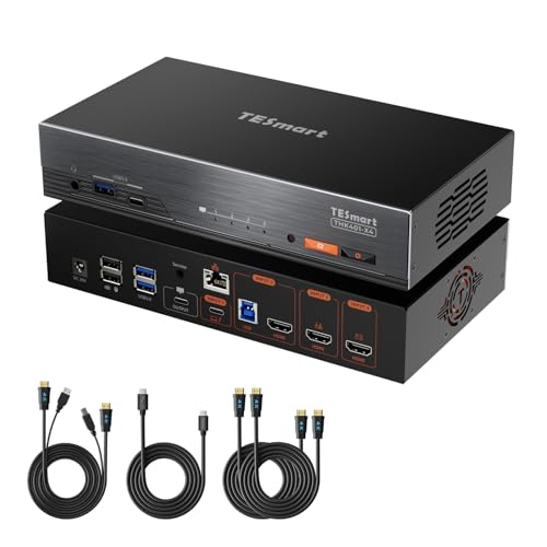 TESmart Thunderbolt 4 HDMI KVM Switch 4 Computers 1 Monitor 40Gbps USB-C in/Out Support Thunderbolt Display 60W PD USB3.2 Gen2 Ports Gigabit Network Hotkey Switch with All Input Cables