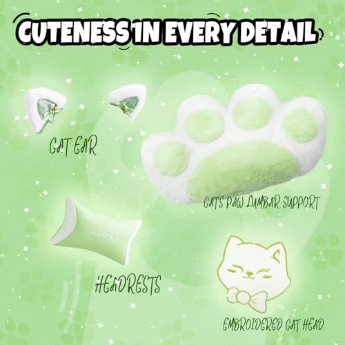 Vigosit Cat Ears PU Leather Gaming Chair Ergonomic Adjustable Office Desk Computer Chairs for Gamers Adults Kids 360 Degree Swivel Recliner 45in Height, Green