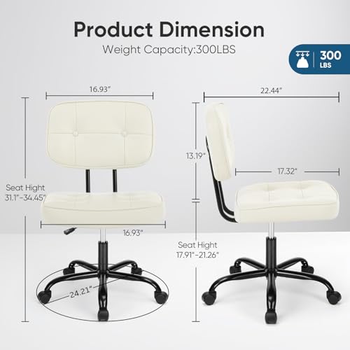 Image of DUMOS Home Office Desk Chair - Ergonomic Armless PU Leather Computer Rolling Task Chair,with Comfy Lumbar Support and Height Adjustable, Vanity, Bedroom, Living Room, Beige