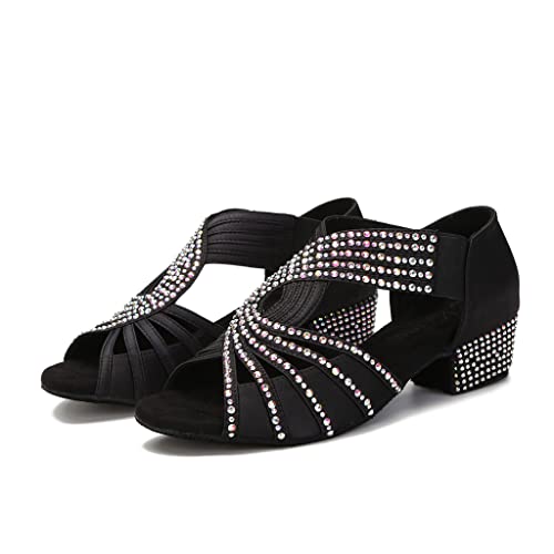 YYTing Half Rhinestones Ballroom Dance Shoes Women Latin Salsa Practic Wedding Indoor Crystal Suede Footwear 1.5in Heels YT17(9,Black)