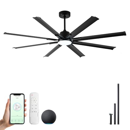 Minislak 72 Inch Ceiling Fan with Light,Industrial Ceiling Fan with 8 Black Aluminium Blades,Smart Fan Compatible with Alexa,Garage Outdoor Indoor Fan for Patio and Living Room