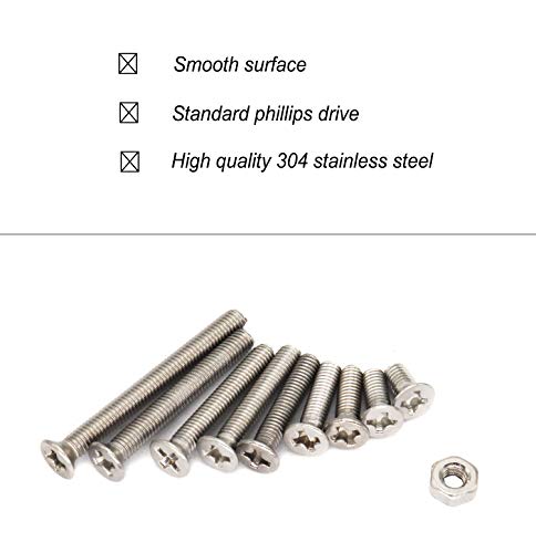 500pcs M3 Phillips Countersunk Flat Head Machine Screws Hex Nuts Assortment Kit 304 Stainless Steel, M3 x 6mm / 8mm / 10mm / 12mm / 16mm / 18mm / 20mm / 25mm / 30mm