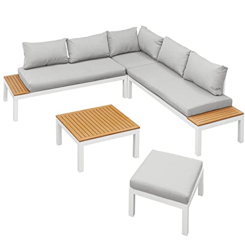 Gartenfreude Aluminium Lounge Ambience, flexibel einsetzbar mit wasserabweisenden Kissen, Dunkelgrau/Hellgrau Möbel-Set, Eckmodul + Hocker