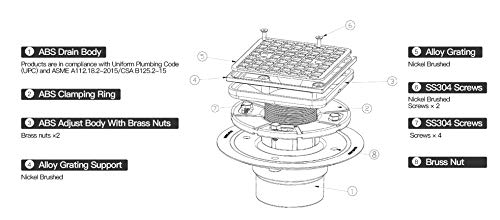 Tile-In Shower Floor Drain Square With Brushed Nickel Shower Drain Grate And Abs Drain Base Fit 2" Or 3" Waste Pipe For Bathroom, Kitchen (Mission Nb) #TOP4
