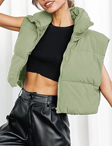 Merokeety Women's Stand Up Collar Solid Color Crop Puffer Jacket Vest Warm Outerwear Padded Gilet,Peagreen,L #TOP1