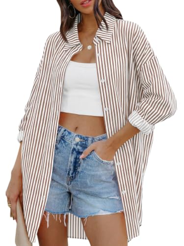 Image of FSHAOES Womens Oversized Button Down Shirts Casual Loose Long Sleeve Solid Lapel Long Blouses Tops with Pockets