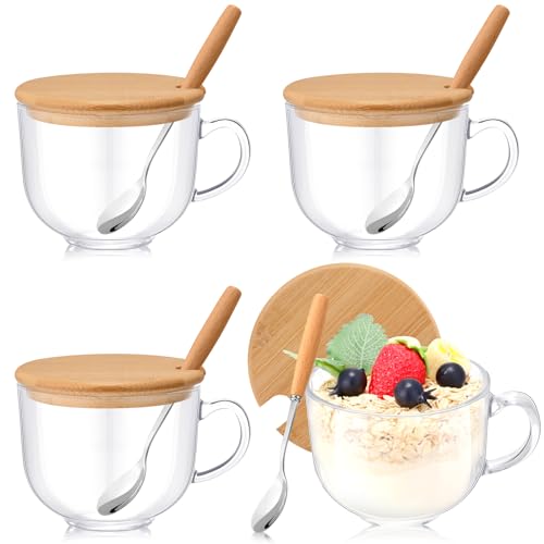 Sliner 4 Sets 16 oz Large Glass Coffee Mugs Gifts with Bamboo Lids Spoons Handle Vintage Clear Glass Tea Cups Jumbo Cute Coffee Bar Accessories for Hot Cold Iced Beverage Glassware