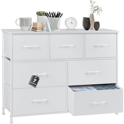 DUMOS Cómoda para Dormitorio con 7 cajones de Tela, Organizador Alto para Ropa, Armario, habitación Infantil, Torre de Almacenamiento con Armario Marco de Metal, Placa de Madera, Muebles Ligeros para