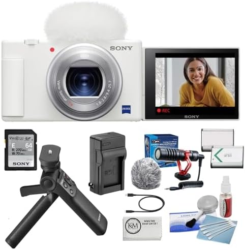Sony Cámara digital ZV-1  Paquete blanco con kit de accesorios Sony Vlogger + batería y cargador + paño de limpieza de microfibra + micrófono