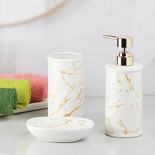 Image of SaSaSa Ceramic Bathroom Set of 3 Modern Bath Accessories Kit with Soap Dispenser, Toothbrush Holder & Dish - Stylish & Elegant Bathroom Decor, White /Gold (9729)