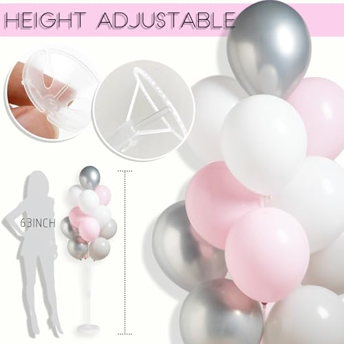 Image of 2 Set Balloon Stand Kit with Metallic Silver Pearl Light Balloons Column Kit for Floor&Table Backdrop Decor for Theme,Gender Reveal Party Weddind,Bridal Shower Birthday Graduation