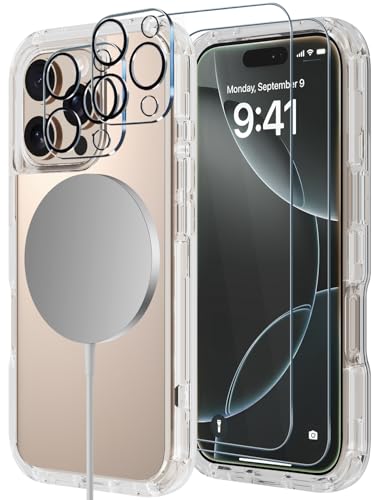 Image of Diverbox for iPhone 16 Pro Case [Compatible with MagSafe] [Shockproof] [Dropproof] [Tempered Glass Screen Protector + Camera Protectors] Heavy Duty Protection Phone for iPhone 16 Pro (Magnetic Clear)