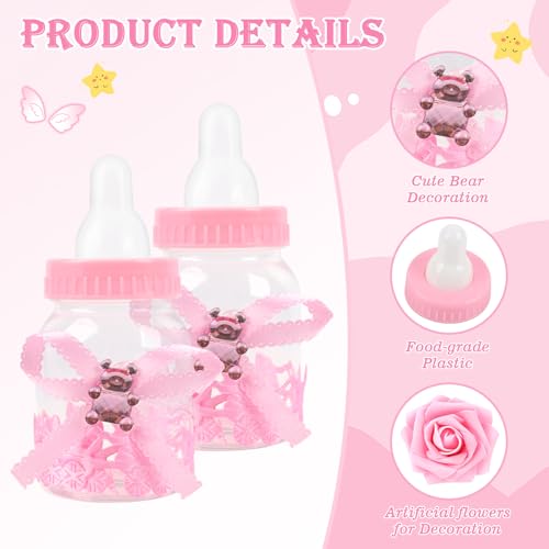 MACTING 2 Dozens 3.5 Inch Feeding Bottle Candy Box with 5 Pcs Artificial Flower Rose for Baby Shower Favor Gift Decoration (Pink)