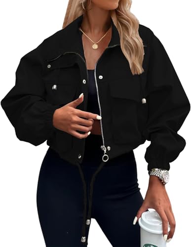 Womens Cropped Jackets Lightweight Military Fall Utility Safari Zip Up Anorak Coats with Pockets