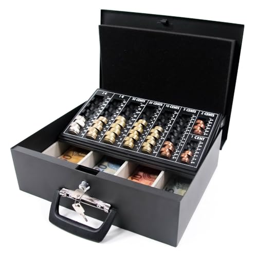 hjh OFFICE Caisse à Monnaie et Billets verrouillable en Acier pour Transporter 35,5 x 27,5 x 10,5 cm Safe I Grande Espace, avec monnayeur et 2 clés, Noir