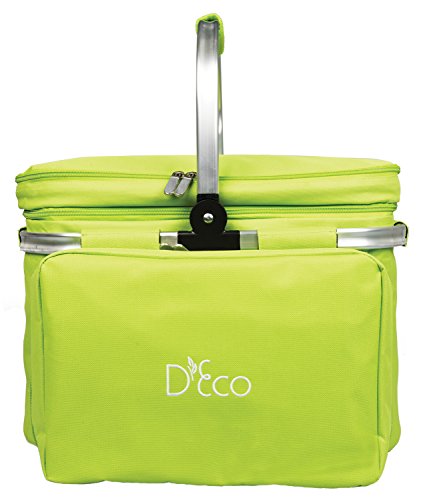 Deco Foldable Insulated Picnic Basket, w Plates, Glasses & Flatware - Keeps Food Cold or Warm for Hours - Full Sized Set Folds Down to 5 Inches