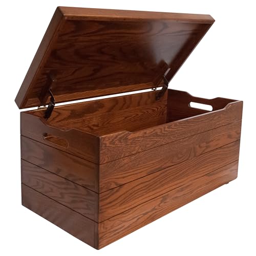 Image of Amish Made Wooden Storage Chest Trunk Box with Lid and Handles for Bedroom, Blanket, Clothes, Anti-Slam Hinges, Handmade, Rustic, Oak Wood, Michaels Stain, 42 inch