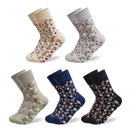 Image of HOMSSEM Floral Crew Socks - 5Pair Flower Graphic Soft Cotton Socks for Women, Teen Girls - for Sandals, - Cute Vibrant Colors