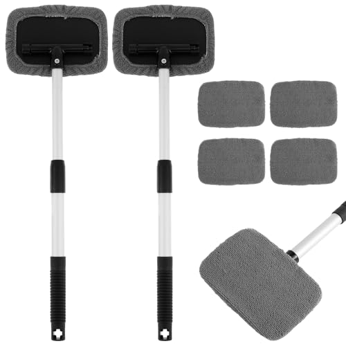 2 Set Car Windscreen Cleaner Extendable Car Windshield Cleaning Tool Car Window Cleaner with 4 Reusable Microfiber Pads Car Windshield Cleaner Tool for Car Exterior and Interior Glass Home Office