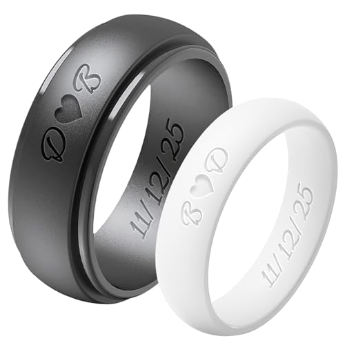 Ckchilie 2Pcs Personalized Silicone Wedding Bands for Couples 5MM+8MM, Custom Breathable Rubber Rings for Women Men, Promise Ring for Couple Engrave, Soft, Safe, Matte Finish Gift for Him and Her