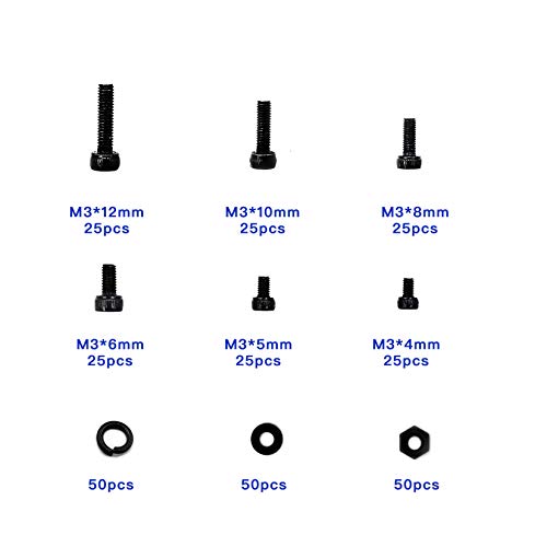 300 Pcs M3 Hex Socket Head Cap Screws Bolts and Nuts and Washers Assortment Kit, Black Mechanical Hexagon Socket Head Screws Nuts and Bolts with Washers for Home Office Electronic