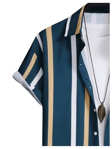 COZYEASE Men's 2 Piece Striped Outfit Short Sleeve Button Down Shirt Drawstring Waist Shorts Set4