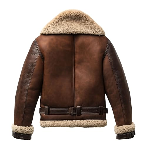 Image of The Next Shearling Brown Leather Jacket Genuine Luxurious Sheepskin Fur Leather B3 Bomber Leather Aviator Jackets For Men